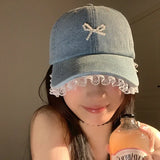 Bonnyshow Denim Diamond Bow Kont Baseball Cap Korean  Y2k Fashions Lace Baseball Hip Hop Hat Summer Designer Sun Protection Beach Hat