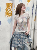 Bonnyshow  Niche Star Bow Printed Short Sleeved T-shirt Women 2025 Summer Casual Round Neck Slim Crop Top Street Fashion Y2k Tees