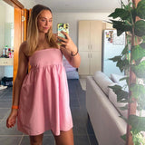 Bonnyshow Elegant Solid Strapless Dress Women Sleeveless Beach Vacation Short Dress Split Off Shoulder Loose High Waist Clothes 2024 New