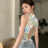Bonnyshow  Slim Sexy Party Tops Backless Hollow Strap Knitted Vest Thin Money Out Print Summer Camisole Women'S Sexy Short Cropped Vest Top