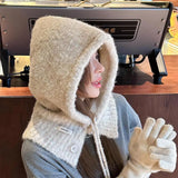 Bonnyshow Fashion Korean Version Balaclava Hat Scarf All-in-One Women Autumn And Winter Warm Earmuffs Hooded Neck Knitted Wool Hat