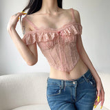 Bonnyshow  Holiday Lace Ruffle Camisole Top Women Sleeveless Strapless Vest Chic Casual Beach Skinny Top Summer Elegant Outfit New