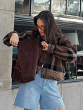 Bonnyshow  Vintage Plaid Zipper Sweater Coat Women Elegant Knitted Thick Brown Sweaters With Pockets Female Versatile Street Daily Outwear