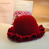 Bonnyshow Winter Handmad Crochet Knitted Hat For Women Solid Color Fisherman Hats Ruffled Brim Bucket Cap Men Carnival Party Funny Gift