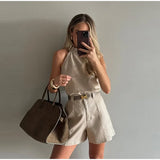 Bonnyshow  Women Solid Sleeveless Turtleneck Belted Shorts Set Halter Crop Tops Straight Leg Trunk Summer Elegant Suit New Office Lady Sets