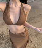 Bonnyshow  Fashion Women's Summer Brown V Neck Backless Halter Bandage Vest Tops And High Waisted Irregular Long Half Skirt Two Piece Sets
