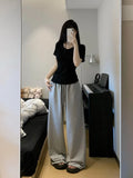 Bonnyshow Casual Grey Sweatpants Women Korean Style Wide Leg Sports Pants Harajuku Basic Oversize High Waist Black Trousers Female