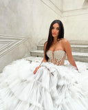 Bonnyshow Luxury Sparkle Rhinstone Evening Dresses Big Volume Layered Tulle Ball Gowns Bridal Party Dress Beaded Evening Gowns