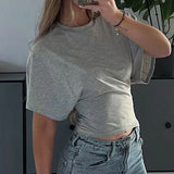 Bonnyshow  Solid Cotton O-Neck Pullover Waist Short Top Women Short-Sleeved Loose T-shirt Causal All-Match Shirts Summer Basic New