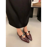 Bonnyshow  Women's Retro Pointed Toe Low-Heeled Casual Shoes 2025 Luxury Fashion Buckle Design Fine Plaid Leather Single Shoes