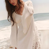 Bonnyshow  Women Lace Embroidery Crochet Hooks Long Dresses Sexy V Neck Hollow A-Line Party Dress Spring Autumn Flare Sleeve Tie-up Vestido