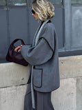 Bonnyshow Vintage Grey Women's Coat with Belt Casual Loose V-neck Cardigan Jackets New Fashion Windproof Women Coats Solid Color Jacket