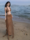 Bonnyshow  Fashion Women's Summer Brown V Neck Backless Halter Bandage Vest Tops And High Waisted Irregular Long Half Skirt Two Piece Sets