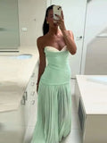Bonnyshow  Pleated Patchwork Slim Long Women Sleeveless Backless High Waist Sexy Gown Evening Dress Chic Vacation Party Zipper Robe
