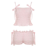 Bonnyshow  Simple Fashion Solid Ruched Women Sweet 2 Piece Set Summer Causal Bow Design Trendy Suit