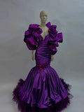 Bonnyshow Real Image Dark Purple Mermaid African Evening Dresses With Handmade Flower Details Puffy Sleeves Nigerian Long Evening Gowns