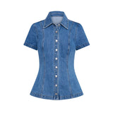 Bonnyshow  Slim Denim Shirt Top Wrap Hip Skirt Set Women Lapel Short Sleeved Fit Commuter Cowboy Short Jacket Coat Cardigan Short Skirts