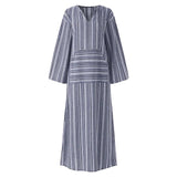 Bonnyshow Women Retro Stripe Cotton Linen Long Dress Summer V Neck Long Sleeve Casual Maxi Dresses  Oversize Loose Streetwear Vestidos