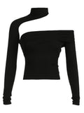 Bonnyshow Asymmetrical Cut Out Sexy Choker T Shirt Women Black Skinny Off Shoulder Long Sleeve Crop Tee Rave Baddie Streetwear Tops