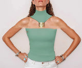 Bonnyshow  Summer Slim Top Hollow Out Shoulder Crop Vest Female Elegant Streetwear Sexy Backless Metal Ring Halter Women Tanks 2025 New