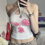 Bonnyshow Fashion Cross Halter Crop Top Y2k 2000s Floral Print White Tank Tops For Women Coquette Y2K Clothes Aesthetic Camisole