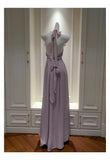 Bonnyshow  Womens Elegant Purple Halter Neck Maxi Dress Ruffled Neckline Ruched Waist Floral Detail Formal Evening Party
