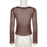 Bonnyshow  y2k Brown Mesh Spliced Lace Cardigan Women Lace-Up flared Sleeve Rufed T-Shirt Aesthetic Transparent Top summer Clothes