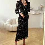 Bonnyshow  High Waist Floral Long Dress For Women Ruffled Splice Laple Long Sleeve Party Vacation Clothes Lady Retro Elegant Dress