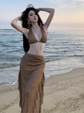 Bonnyshow  Fashion Women's Summer Brown V Neck Backless Halter Bandage Vest Tops And High Waisted Irregular Long Half Skirt Two Piece Sets