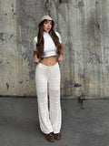 Bonnyshow  Summer Sexy White Knitted Hollow Out Long Wide Pants Retro Lace Up High Waist Slim Fit Loose Trousers Lady Commute Streetwear