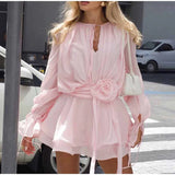 Bonnyshow  Beach 3d Flower Ruffle Women Dress Fashion Lace Up V-neck Flared Sleeve Female Dresses 2025 Summer Street Pink Lady Robe