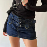 Bonnyshow  High Waisted Zipper Slim Fit Bag Buttocks Splicing Japanese Button Waistband With Heavy Industry Characteristics Trend Dark Blue