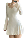 Bonnyshow Women Solid Color Ribbed Long Sleeve V-Neck Slim Fit Party Mini Dress Fashion Spring Autumn Slim A-Line Dress