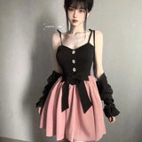 Bonnyshow Y2k Black Long Sleeve Cardigans Women+ Fashion Sweet Slim Waist Bow Strap Dresses   Autumn New Two Piece Sets