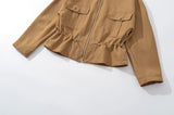 Bonnyshow  Women Batwing Sleeve Waist Cinched Autumn Jacket Front Zipper Lapel Collar Casual Streetwear Coat