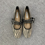 Bonnyshow  Print Heeled Shoes Woman Square Toe Double Buckle Strap Mary Janes Shoes Ladies Elegant Flannel Spring Autumn Pumps