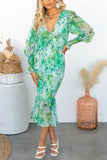Bonnyshow  Summer Fashion New Style Women's Dress Elastic Waist Long Sleeve V-neck Printed Ruffle Edge Tight Hip Wrapping Dress