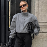 Bonnyshow Solid Color Short Women's Jacket Stand Collar Casual Loose Long Sleeve Jackets Fashion Vintage Grey Single Breasted Women Coat