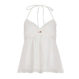 Bonnyshow  Fashion Sweet A-Line French Chic Women Camisole Tops Summer Cute Simple Causal Lace Up Blouses