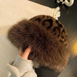 Bonnyshow Vintage Leopard Bucket Hat for Women Warm Fluffy Fur Fisherman Cap Winter Thicken Plush Female Mongolian Hats Christmas Gifts
