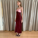 Bonnyshow Autumn and Winter Women's New Style Fashionable Contrast Color Backless Slim Suspender Dress Long Skirt for Women