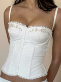 Bonnyshow  Floral Embroidery Summer Camisole Backless Slim Sexy Hottie Casual Sleeveless Crop Tops Basic Streetwear Clothings