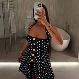 Bonnyshow  Knitted Dot Print A-E Mini Dress Women BabYoung Backless Single Breasted Elegant High Waist Dresses 2025 Spring Party Chic Robe