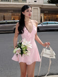 Bonnyshow  Elegant Halter Ruffles V-Neck Dress Women Backless Sexy Summer Fashion V-Neck Solid Birthday Party Clubwear Mini Bodycon