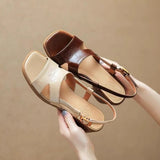 Bonnyshow  Fashion new French retro square head Roman shoes thick heel open toe sandals female summer