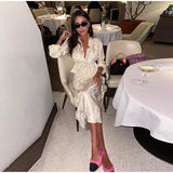 Bonnyshow  Elegant Tie Dye Print Women Top Skirt Set Urban V-neck Long Sleeve Shirt Hip Package Skirts 2025 Summer Fashion Lady Suit