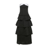 Bonnyshow  Patchwork Striped Print Maxi Dress Women Bow High Slits Multi-Layered Ruffles Sleeveless Backless Sweet Fashion Vestidos