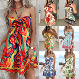 Bonnyshow  Spring Summer Fashion Printed Dress Women Sexy Backless Sleeveless Mini Skirt Casual Vacation Dress  Women