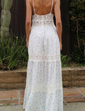 Bonnyshow  Women Lace Patchwork Maxi Dress Backless Boho Floral Long Dress Spaghetti Strap V Neck Low Cut Flowy Sunderss