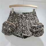 Bonnyshow  Fashion Leopard Print Retro Elastic Shorts Women's High Waist 3D Big Pockets Hot Pants Summer New